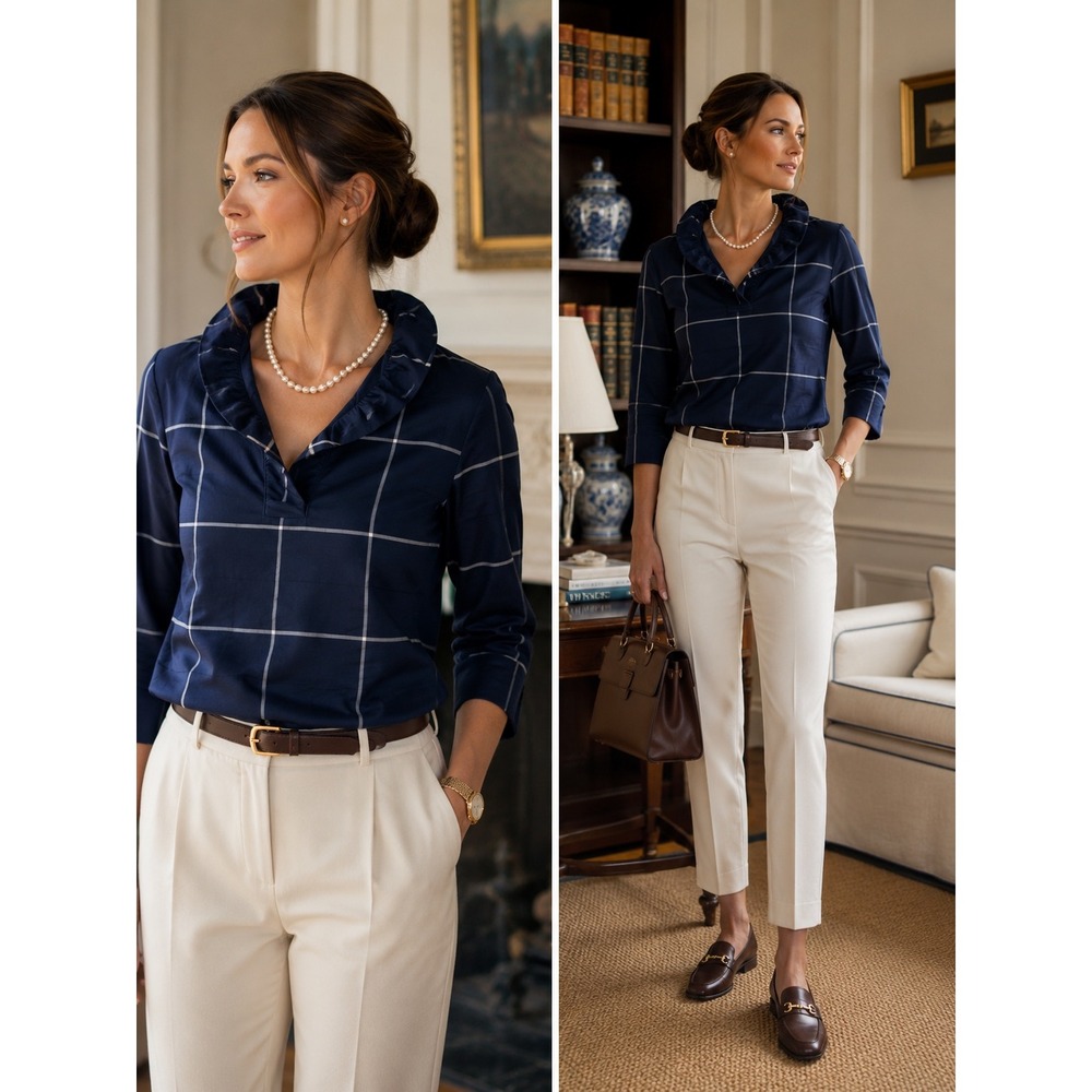 Devon Baer Navy Silk Windowpane Plaid Tunic Ruffle Collar Old Money XS